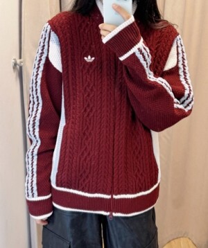 아디다스 오리지널 꽈배기 니트 가디건 집업 자켓 버건디 JN0718